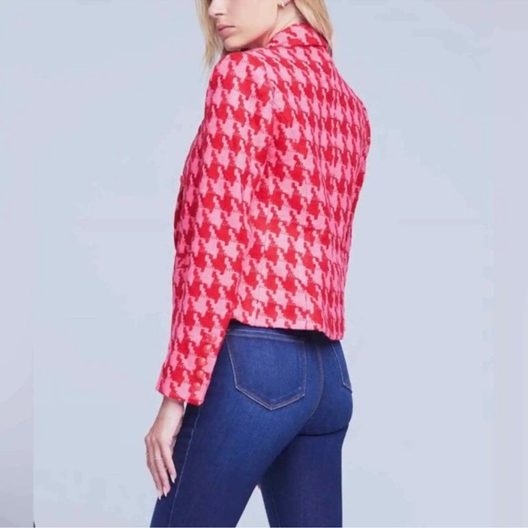 L'Agence Brooke Tweed Pink and Red Houndstooth Cropped Blazer - Picture 4 of 10
